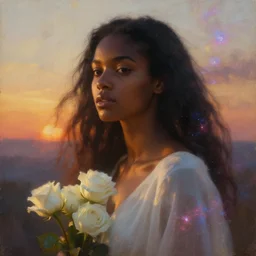 oil painting close up portrait of a contemplative young black woman with long flowing hair in a white dress, with white roses, surrounded by colorful nebula stardust galaxies at sunset, hazy, digital art, chiaroscuro, artstation, cinematic, golden hour, concept art, digital art painting by greg rutkowski, william - adolphe bouguereau, hazy atmosphere, cinematic lighting