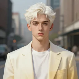 portrait of the most beautiful young male ever, modern cloths, by greg rutkowski and alphonse mucha, d & d character, gradient white to gold, highly detailed portrait, in front of an urban background, digital painting, artstation, concept art, smooth, sharp focus ilustration, artstation hq