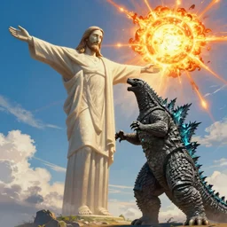A giant Jesus christ as a giant titan attacking Godzilla, sun explosion on the sky,   matte fantasy painting, DeviantArt Artstation, by  Jen Zee and Tatsuya Yoshikawa  by Utsurowazaru Mono  by Tatsuya Yoshikawa  by Hajime Isayama, cinematic lighting