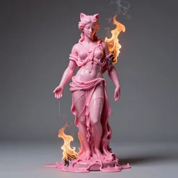 afrodita. greek sculpture of pink plastic melting between fire and smoke / studio lighting