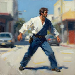 cj in san andreas, painting by phil hale, fransico goya,'action lines '!!!, graphic style, visible brushstrokes, motion blur, blurry, visible paint texture, crisp hd image