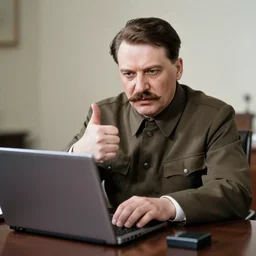 stalin sits in front of a laptop, watching it and showing thumbs up on his left hand