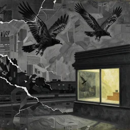 lonely night hawks, noir, painting by shaun tan, detailed, intricate, torn paper decollage, oil on canvas by edward hopper, ( by mattias adolfsson ), by moebius