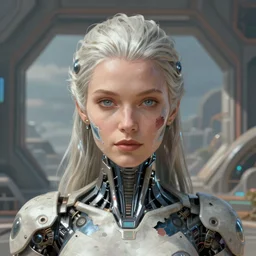 closeup portrait shot of a female biomechanic woman in a scenic scifi environment, intricate, elegant, highly detailed, centered, digital painting, artstation, concept art, smooth, sharp focus, damaged body, illustration, thomas kinkade, tomasz alen kopera, peter mohrbacher, donato giancola, leyendecker, boris vallejo