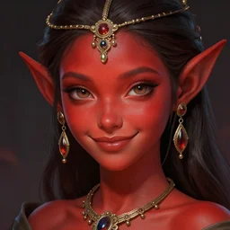 red skin, Tiefling , smiling, beautiful detailed eyes, cute, fantasy, intricate, elegant, highly detailed, digital painting, 4k, HDR, concept art, detailed jewelry, smooth, sharp focus, illustration, by Eric Deschamps