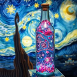 a bottle on display filled with the sky painting by van gogh starry night, by van gogh