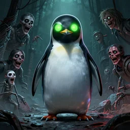 anthropomorphic cyber penguin in fallout 4, glowing green eyes, claws, horror scene, artgerm, rutkowski, tooth wu, beeple, and intricate