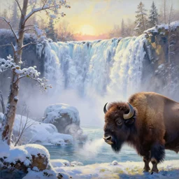 the most beautiful panoramic landscape, oil painting, where a giant dreamy waterfall is frozen, the trees around have snow over their leafs, a majestic bison is in close - up and is exhaling steam, the ray lights of the sunrise are brightening him, by greg rutkowski