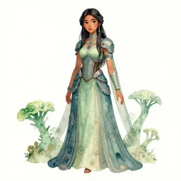 south asian scifi princess of the lichen woods, wearing a lovely dress with cyberpunk elements. this watercolor painting by the award - winning mangaka has an interesting color scheme, plenty of details and impeccable lighting.