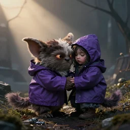 Little nightmares, purple raincoat, cuddling her gremling