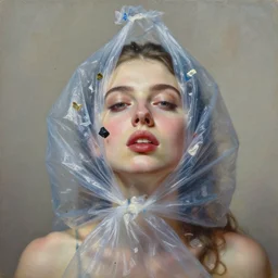 fine art portrait oil painting of a beautiful woman with garbage flying into her face, wearing a plastic garbage bag, perspective, ultra detailed, elegant, intricate, dynamic lighting, hyperrealism, sharp focus, art by peter mohrbacher and greg rutkowski and andrei riabovitchev