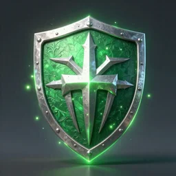 green medieval shield, powerful fantasy epic legends, game icon stylized, digital illustration radiating, a glowing aura, global illumination, ray tracing, 8 k high definition, intricate details, octane render, unreal engine, trending on arstation
