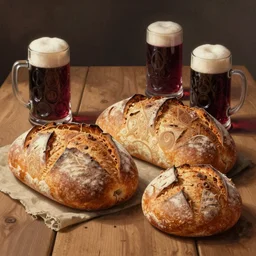 beautiful loaves of bread and wooden steins on a wooden table, warm lighting, fantasy, intricate, elegant, highly detailed, digital painting, still life, wine, artstation, concept art, matte, sharp focus, intricate, highly detailed, digital painting, trompe - l'œil, volumetric light, artstation, concept art, sharp focus, watercolor illustration, art by willem kalf and jan philip van thielen