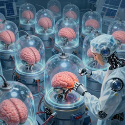 a solar punk painting of rows of futuristic cryonic see through tanks with brains in them attached to wires. a robotic surgeon is operating on the brain. hyper realistic. octane render. human bio body parts.