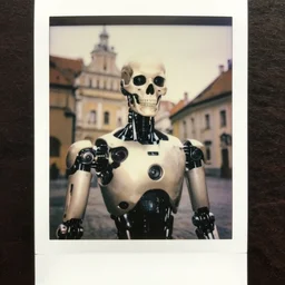 legnica. close up. cyborg mark zuckerberg as skull robot, in legnica, full body, cinematic focus, polaroid photo, vintage, neutral dull colors, soft lights, by oleg oprisco, by thomas peschak, by discovery channel, by victor enrich, by gregory crewdson