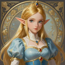 portrait of princess zelda, intricate, elegant, highly detailed, ray tracing, digital painting, artstation, concept art, smooth, sharp focus, illustration, art by artgerm and greg rutkowski and alphonse mucha, 8 k