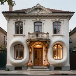 façade of an elegant, slightly decaying three-storey 19th-century house with soft, smooth bulbous shapes protruding like wooden lava from the front door and lower windows, surreal, installation art reimagined by industrial light and magic