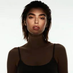 studio photo of a young woman with bushy eyebrows, thick lips, looking at the camera, wearing a camisole, low contrast, octane, arney freytag, vogue, backlit, rim lighting, 8k