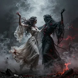 macabre dance between two ghosts in the mist between smoke and ashes / split complementary color scheme, hypermaximalist, sharp focus, highly detailed, dramatic light, lumen unreal 5, intrincate, trending on artstation / art by roberto ferris, beksinsky, sachin teng and gustave dore