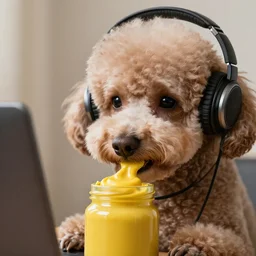 a closeup photorealistic photograph of a poodle listening to talk radio and eating from a jar of mustard. This 4K HD image is Trending on Artstation, featured on Behance, well-rendered, extra crisp, features intricate detail and the style of Unreal Engine.