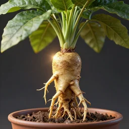 medium shot mandrake root in a pot, wide leaves on a head, intricate hyper detailed ultra sharp sharp focus, global illumination, radiant light, alexandre ferra, irakli nadar, octane render, unreal engine, 4 k, ultra hd,