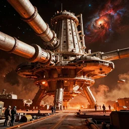 warm colours, high contrast hyperreal deep space dock mining platform with massive piping inspired by nuclear reactor core, peter elson, millennium falcon space - station vuutun palaa submarine, ilm, beeple, star citizen halo, mass effect, starship troopers, elysium, the expanse, iron smelting pits, high tech industrial, dramatic nebula sky, volumetric lighting