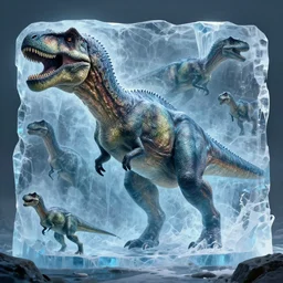 dinosaurs encased in ice, concept art, digital illustration, trending on artstation, deviantart, artgerm, epic composition, masterpiece, highly detailed, advanced technique, ambient lighting, wlop, ross draws