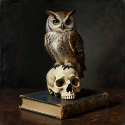 owl! sitting on a skull! sitting on top of a book! old style dark gothic painting