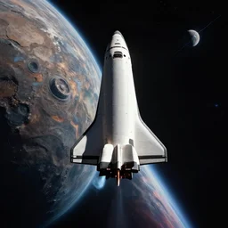 cinematic still of a spacerocketship leaving orbit of an alien planet heading into deep space, traincore, dieselpunk, hugo boss