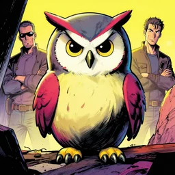 graphic novel about grumpy owl assasin, colourful, by arthur adams and greg rutkowski