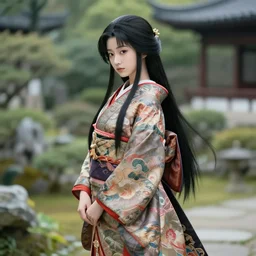 gorgeous japanese princess in an ancient fantasy garden, long hair, beautiful intricately decorated clothing, 3 / 4 side view, natural pose, shallow depth of field, matte painting by karole bak, by hasui kawase, yuumei, noriyoshi ohrai, mohrbacher