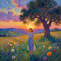 girl with a flower face, surreal photography, dream, standing in flower field, hills, big trees, sunrise dramatic light, impressionist painting, colorful clouds, digital painting, pointillism, artstation, simon stalenhag, surreal