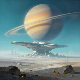 a gorgeous bleak and desolate sci - fi painting by john harris, sparth and greg rutkowski. tiffany blue, grey orange, white and golden. epic huge space base, beyond the horizon, future city skyline!! light effect. huge saturn. ultra clear detailed!! 3 d, octane render. 8 k