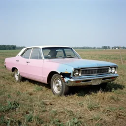 A photograph of a beater beater beater beater beater beater beater beater beater beater beater beater beater broken down broken down broken down broken down broken down broken down broken down broken down 1976 Powder Blue Dodge Aspen in a farm field, photograph taken in 1989