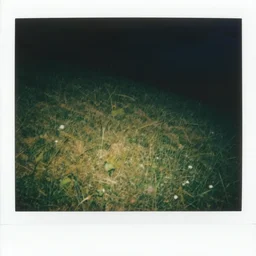 polaroid photo!!!!!!!!!!! of a empty steep grass hill, flash photography, at night, uncanny photo, colored photograph