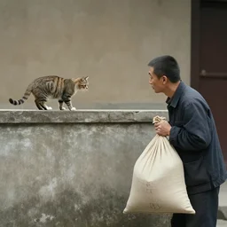 a man with a sack, ready to steal the cat on the wall by wenjun lin