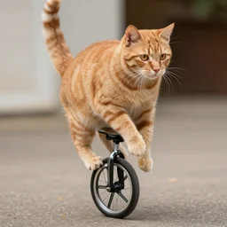 orange tabby cat riding a unicycle
