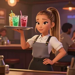 a wholesome animation key shot of ariana grande as a waitress carrying drinks in a crowded downtown bar, medium shot, waist up, pixar and disney animation, sharp, rendered in unreal engine 5, anime key art by greg rutkowski, bloom, dramatic lighting