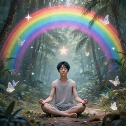 harmony of neon tiny butterfly stars, mute, coherent, fairies, black haired yoongi meditating, tropical oasis, by wlop, james jean, victo ngai, rainbow overlay! beautifully lit, muted colors, highly detailed, fantasy art by craig mullins, thomas kinkade