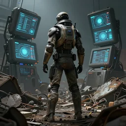 concept art of a humanoid standing in a junkyard, back - view, technology screens glowing, matte painting, ultra detail, concept art, hyper realistic, photorealistic, cgsociety, artstation, cgsociety, style by jon foster and feng zhu and tyler edlin, octane render