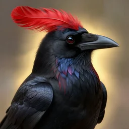 beautiful black raven bird with long red feather highlights, cute, intricate, highly detailed, digital painting, trending on artstation, concept art, smooth, sharp focus, backlit, rim light, vivid colors, illustration, unreal engine 5, 8 k, art by rossdraws and alphonse mucha