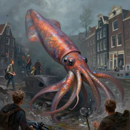 giant squid attacking everyone in amsterdam, fantasy, high detail, elegant, digital painting, cinematic lighting, textured skin, highly detailed, artstation, unreal engine 5, breathtaking, illustration, ilya kuvshinov, nikolay makovsky