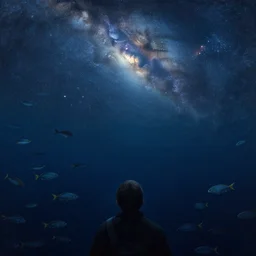 point of view of deep in the ocean looking up, you see fishes, higher the milk way, night time, midnight. highly detailed painting by gaston bussiere, greg rutkowski 8 k