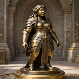 masterwork smooth bronze statue depicting a beautiful ancient dwarven queen wearing breastplate with long braided hair, on a golden pedestal in the middle of a worked stone room, highly detailed, intricate, realistic, soft lighting, sunshafts, artstation, dungeons and dragons, chubby female dwarf, sharp focus
