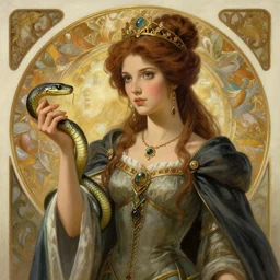 femme fatal medieval queen holding a serpant, natural lighting, path traced, highly detailed, high quality, digital painting, by don bluth and ross tran and studio ghibli and alphonse mucha, artgerm