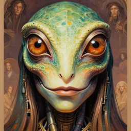 close up sci - fi hippie poster art simon stalenhag reptile eyes, robot skin, elegant, highly detailed, centered, digital painting, concept art, smooth, sharp focus, illustration, artgerm, tomasz alen kopera, peter mohrbacher, donato giancola, joseph christian leyendecker, wlop, frank frazetta