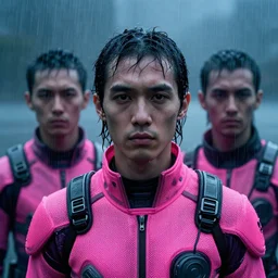 cinestill hasselblad candid photographic portrait by robert capas of cyberpunks wearing rugged neon pink mesh techwear in treacherous waters, extreme closeup, modern cyberpunk moody depressing cinematic, pouring rain, 8 k, hd, high resolution, 3 5 mm, f / 3 2, ultra realistic faces, ex machina