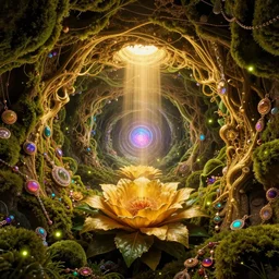 portal golden, fractal, high moss inside hollow earth flower, leafs, jewellery mine full colored, god shining light, looping wormhole teleport, quantum physics cell, fireflies, hight contrast, void, 8 k resolution, unreal engine 5, hyper - detailed, morning mood by beeple, justin gerard