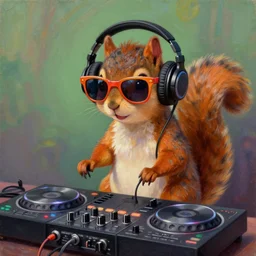 an anthropomorphic squirrel wearing headphones and colored sunglasses, stadning at a mixer table playing techno music, concept art, digital art, oil painting