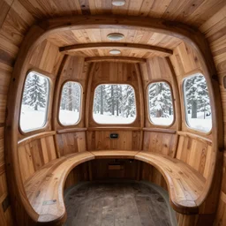 the interior of a 1 9 3 0 s space ship carved out of wood, designed by eero saarinen, trees and snow visible through the windows